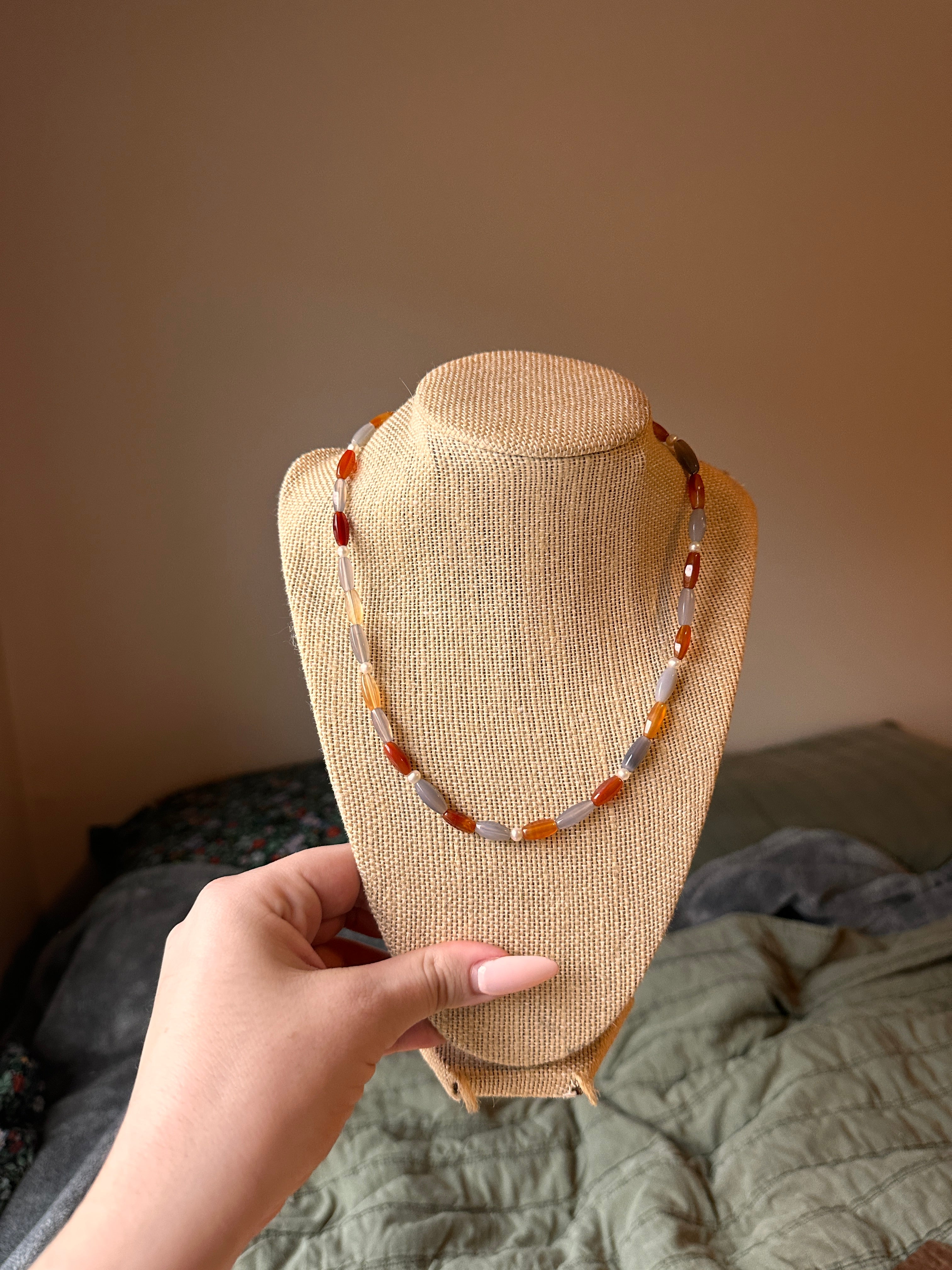 Carnelian and Fresh Water Pearls Necklace 18"