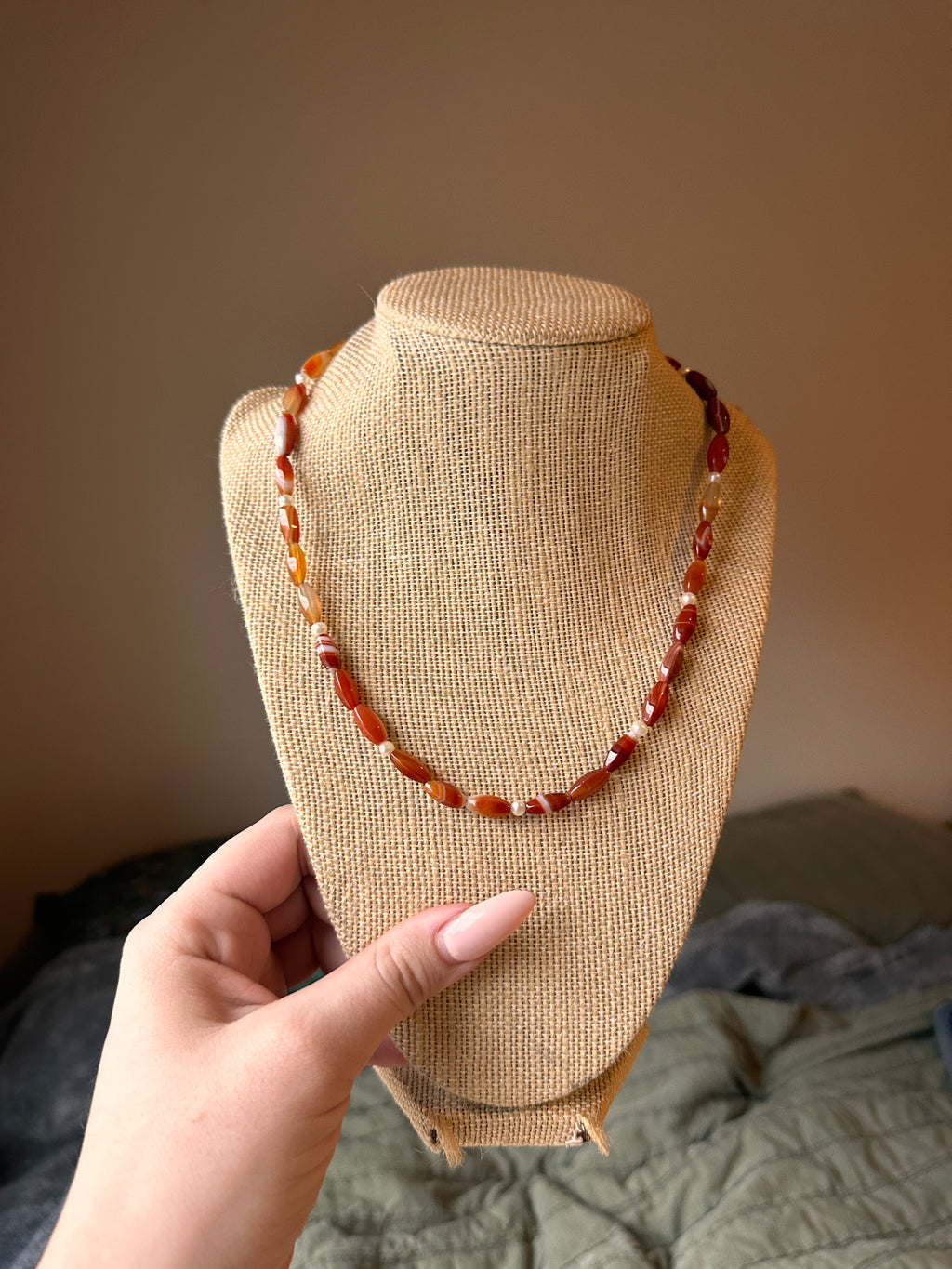 Carnelian and Freshwater Pearl Necklace 18"