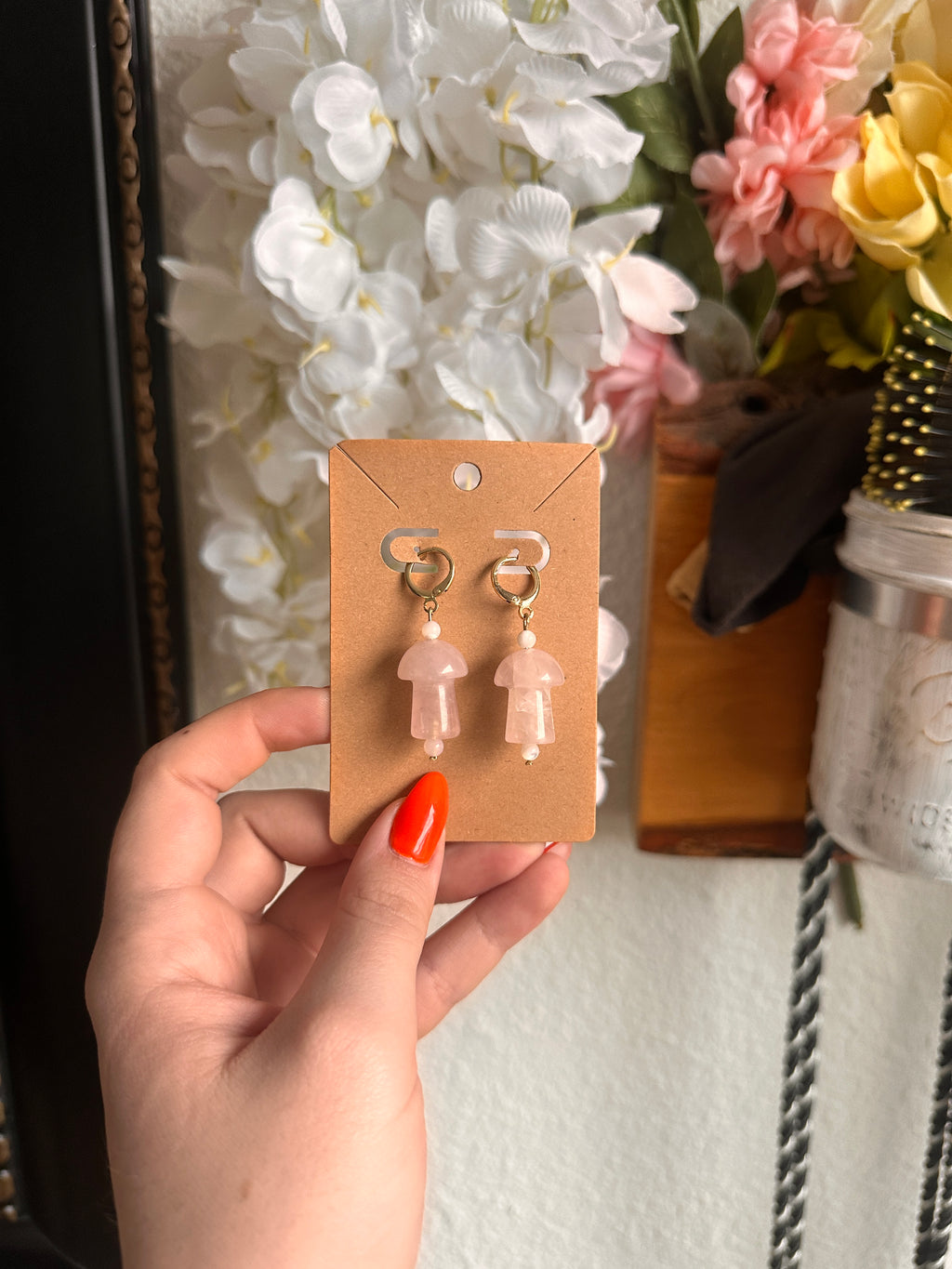 Rose Quartz Mushroom Earrings